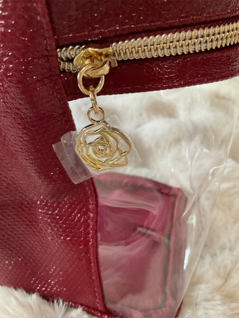 NWOT Lancôme Clear Train Case with Burgundy Trim & gold-tone hardware